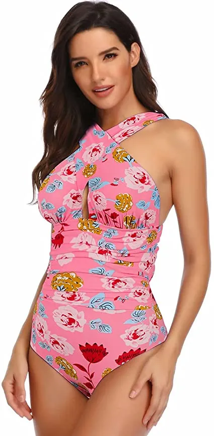 Upopby Fashion Cross Halter One-Piece Swimsuit Belly Control Swimsuit