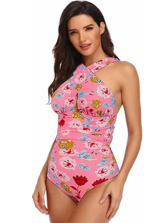 Upopby Fashion Cross Halter One-Piece Swimsuit Belly Control Swimsuit