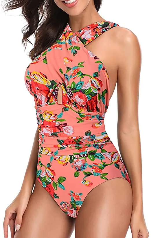 Upopby Fashion Cross Halter One-Piece Swimsuit Belly Control Swimsuit