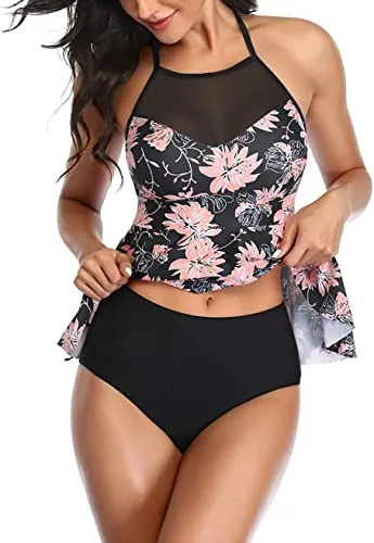 Upopby Ladies Mesh Abdominal Two-Piece Swimsuit