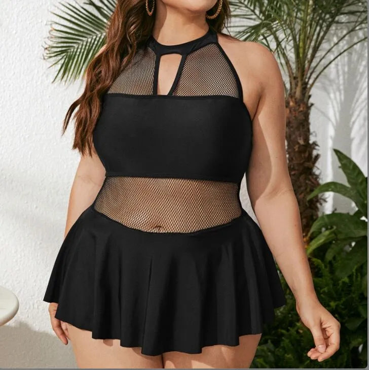 Upopby Mesh Hollow Halter Pleated Skirted One-Piece Swimsuit