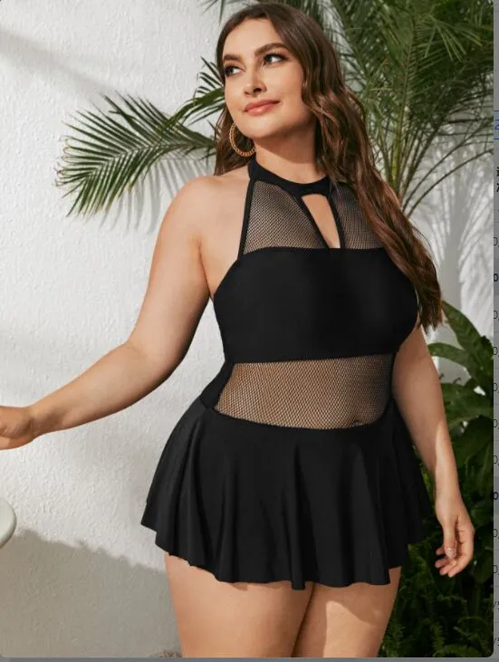 Upopby Mesh Hollow Halter Pleated Skirted One-Piece Swimsuit