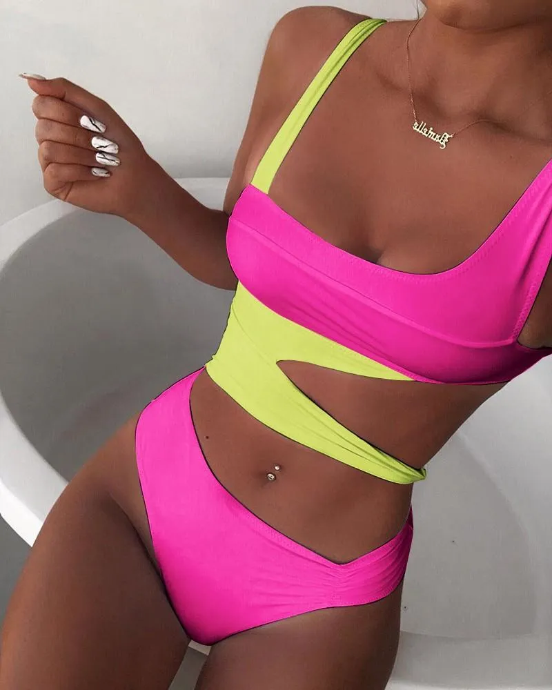 Upopby Sexy U-Neck Hollow Solid One Piece Swimsuit