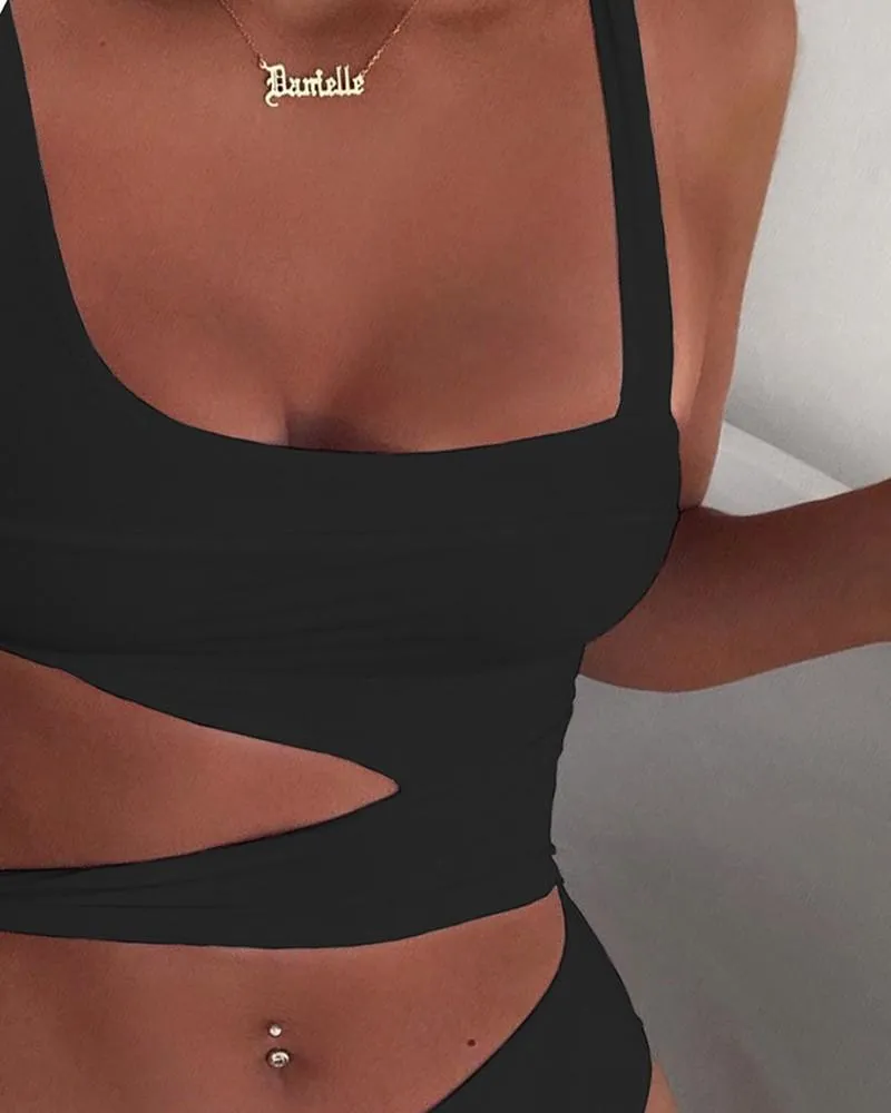Upopby Sexy U-Neck Hollow Solid One Piece Swimsuit