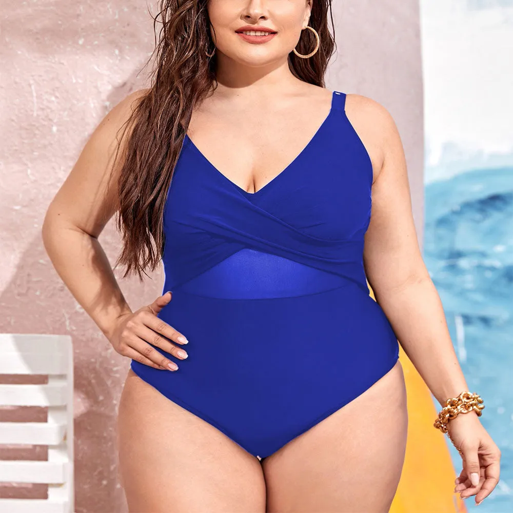 Upopby Solid Cross Belly Shaping One-Piece Swimsuit Plus Size