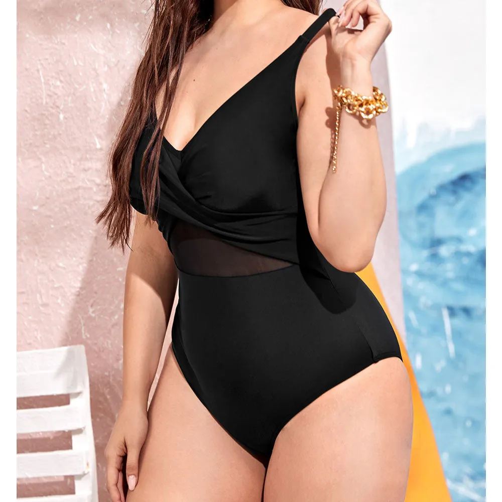 Upopby Solid Cross Belly Shaping One-Piece Swimsuit Plus Size