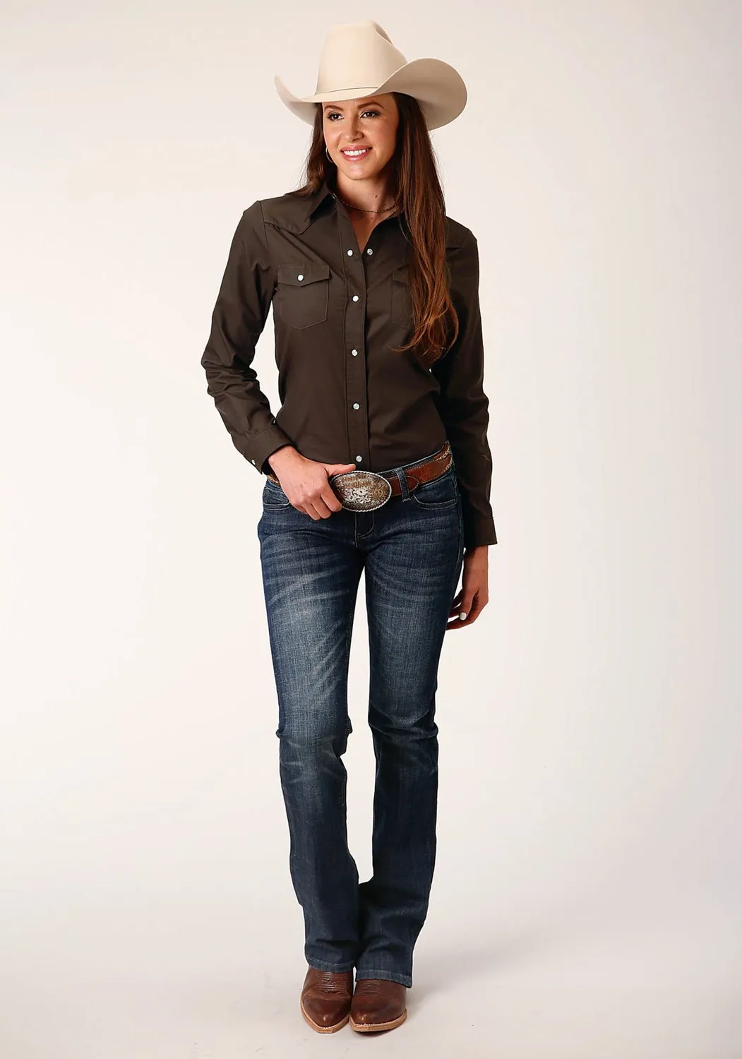Roper Womens Solid Broadcloth Deep Chocolate Cotton Blend L/S Shirt Pre Shrunk Cotton Blend