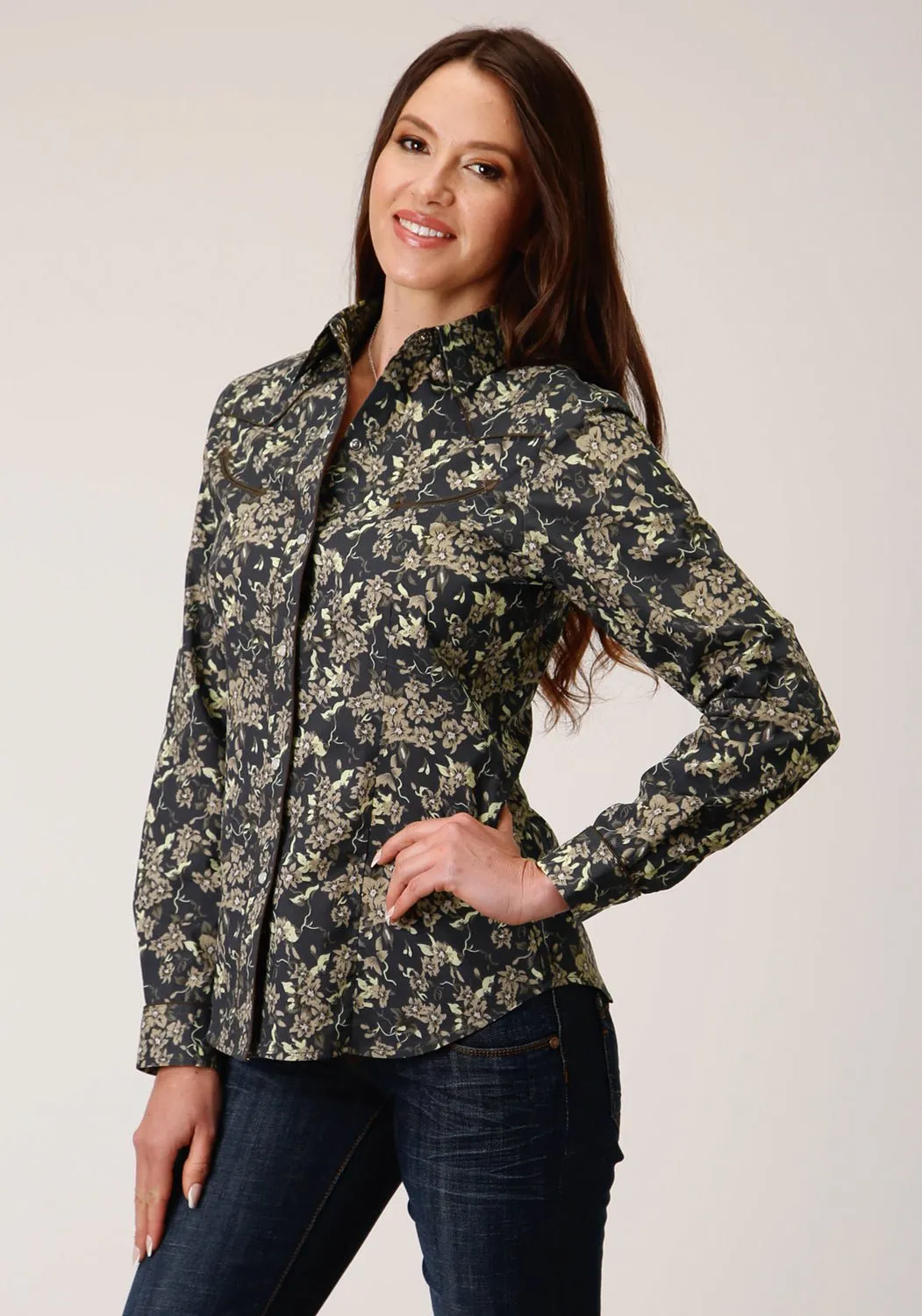 Roper Womens Vintage Dark Floral Black Cotton Blend L/S Shirt Chic Look Gym Companion