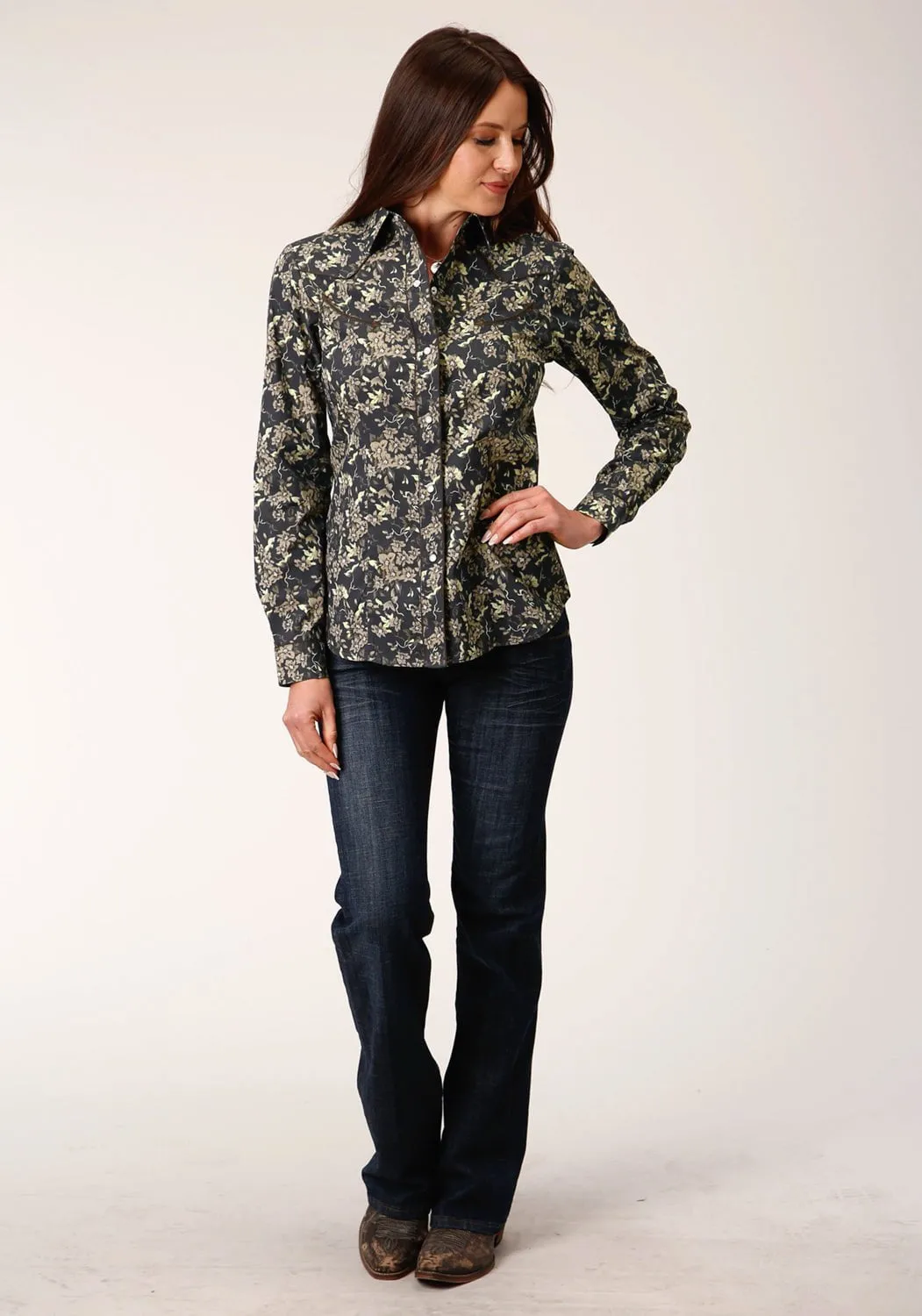Corporate Event Comfort Fit Roper Womens Vintage Dark Floral Black Cotton Blend L/S Shirt