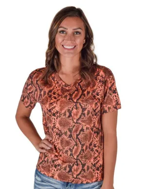 Urban Flair Cowgirl Tuff Womens Flowy V-Neck Snake Orange Poly/Spandex S/S T-Shirt Cowgirl Tuff Womens Flowy V-Neck Snake Orange Poly/Spandex S/S T-Shirt Premium Comfort