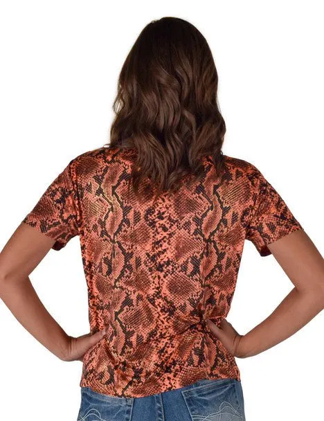 Spring Collection Relaxed Wear Cowgirl Tuff Womens Flowy V-Neck Snake Orange Poly/Spandex S/S T-Shirt