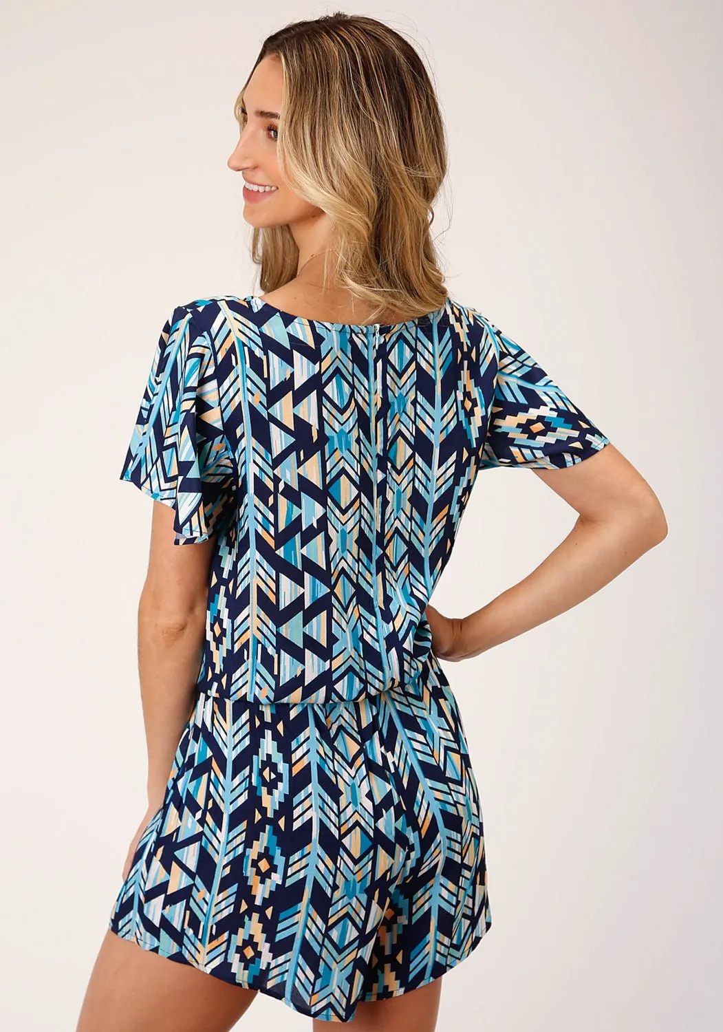 Roper Womens 1493 Modern Aztec Blue 100% Rayon S/S Romper Stretch Comfort