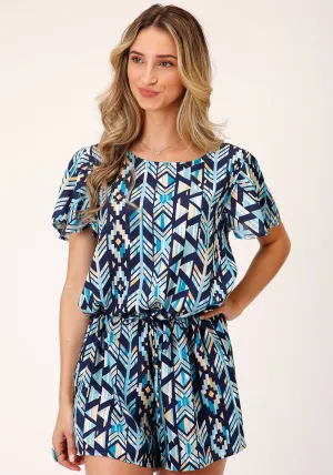 Urban Motion Roper Womens 1493 Modern Aztec Blue 100% Rayon S/S Romper Matching Basic Advanced Stretch Recovery Roper Womens 1493 Modern Aztec Blue 100% Rayon S/S Romper
