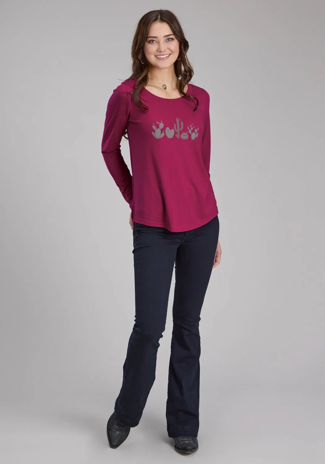 Vibrant Trendy Smart Utility Roper Womens Cactus Variety Wine Poly/Rayon L/S T-Shirt