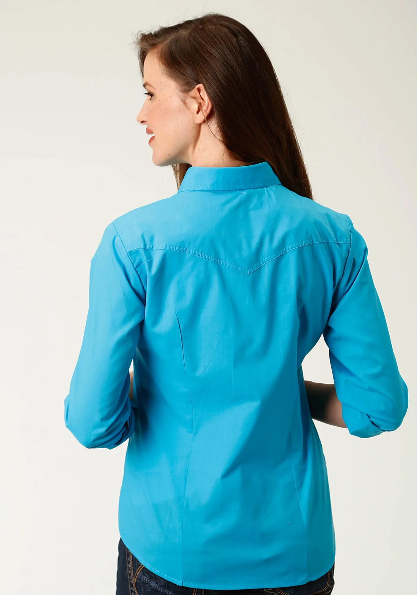Roper Womens 9839 Broadcloth Turquoise Cotton Blend L/S Shirt Standalone Option Anti Static Finish