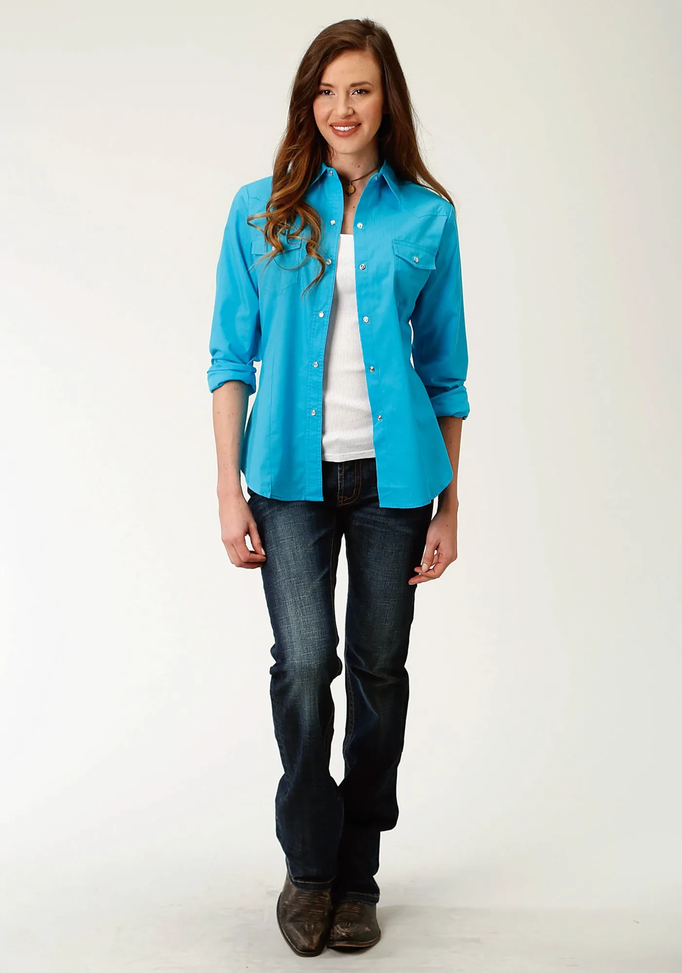 Roper Womens 9839 Broadcloth Turquoise Cotton Blend L/S Shirt Camouflage Style Split hem