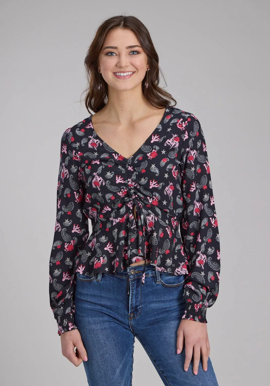 Flex Fit Collar Oversized Fit Roper Womens Bronc Rider V-Neck Black 100% Rayon L/S Blouse