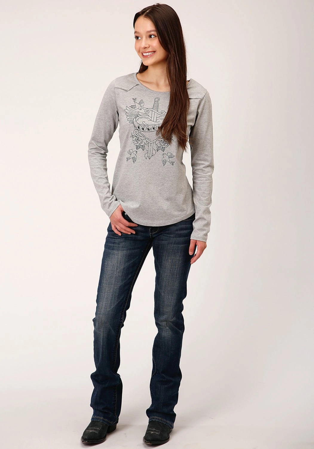 Roper Womens Grey Poly/Rayon Cowgirl Crest L/S T-Shirt Cool Classic