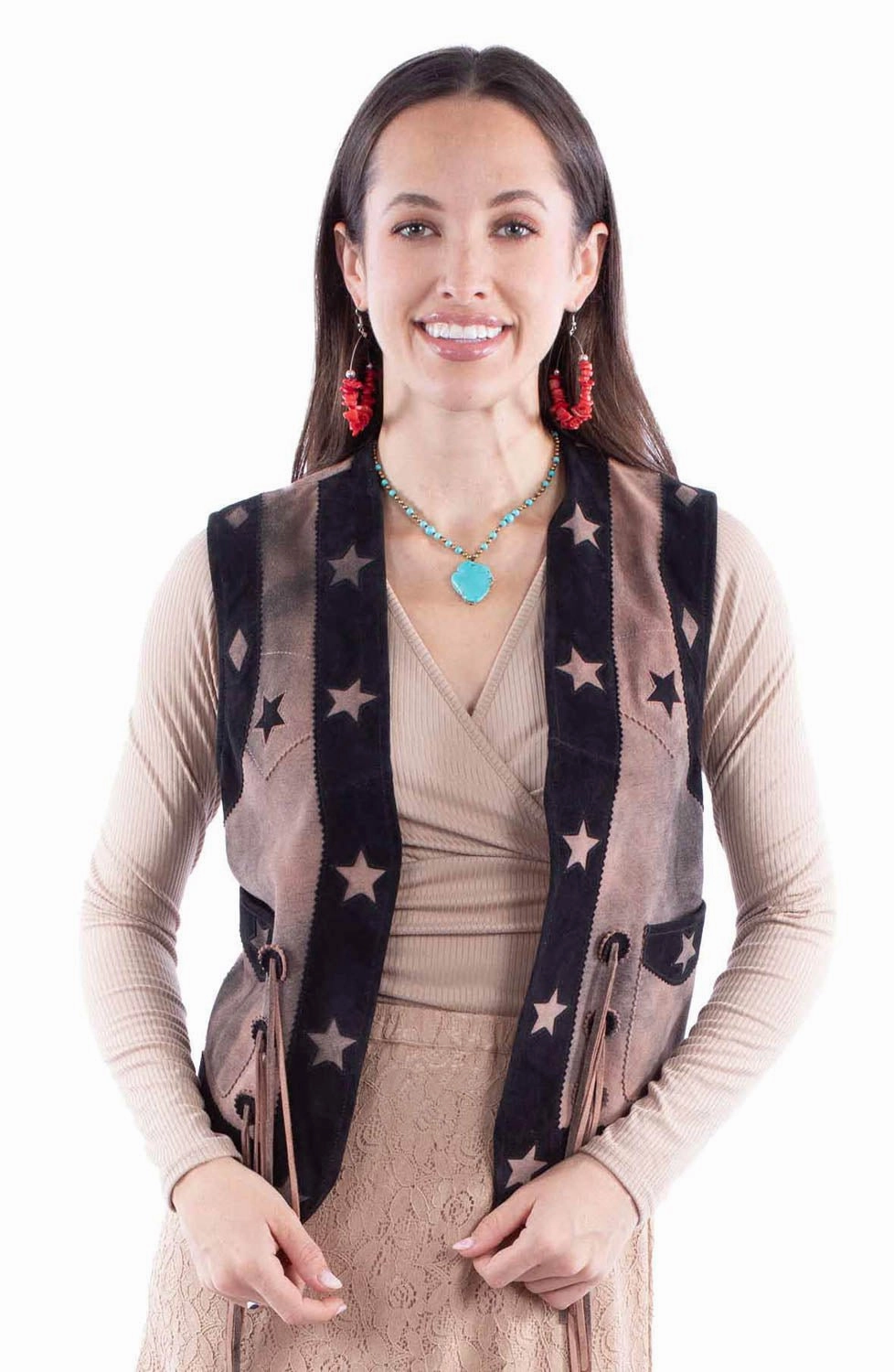 Weekend Getaway Stylish Fashion Must-Have Scully Womens Stars Fringe Yoke Black Leather Leather Vest