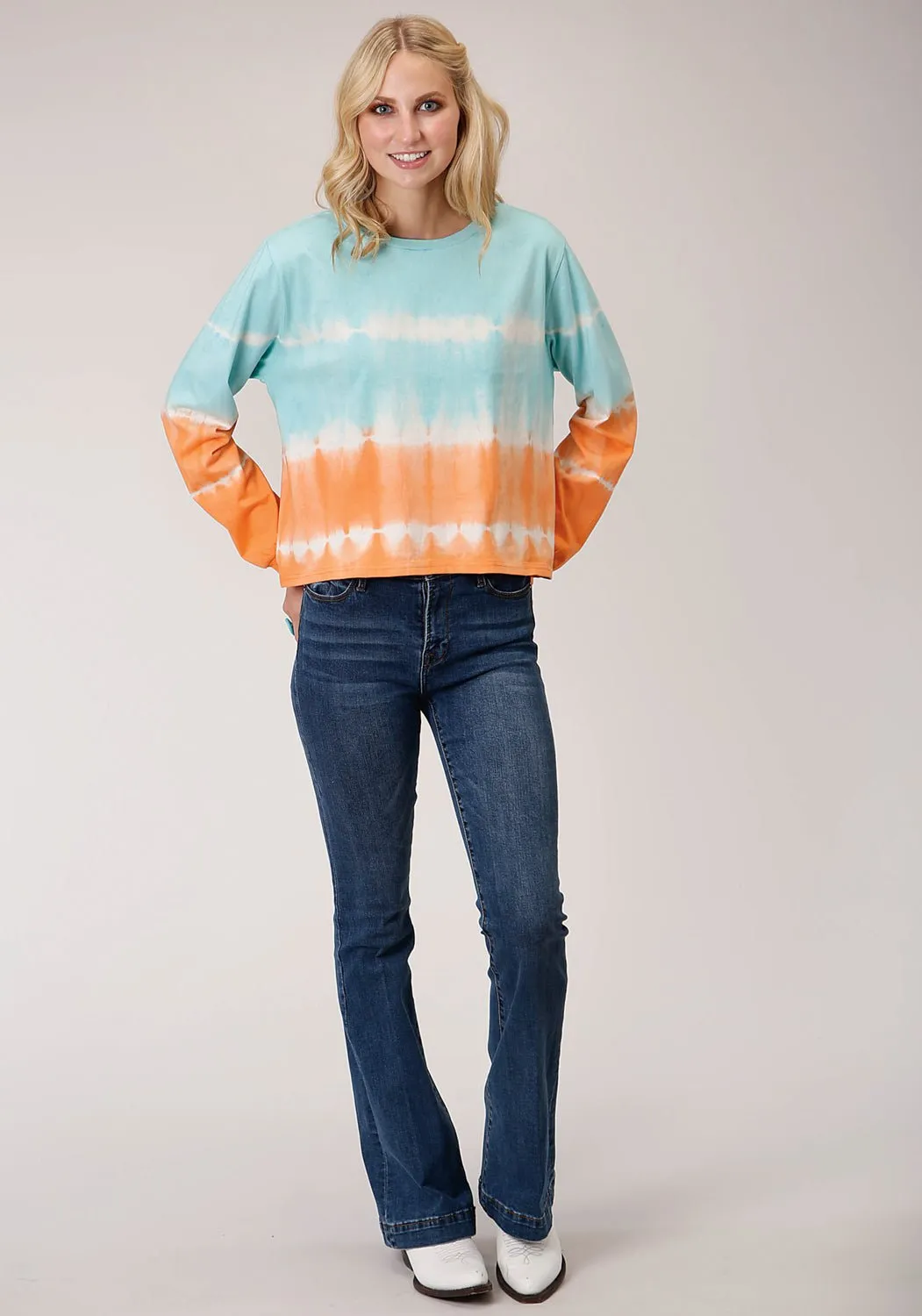 Casual Look Regular Look Roper Womens Orange/Blue 100% Cotton Tie-Die L/S T-Shirt