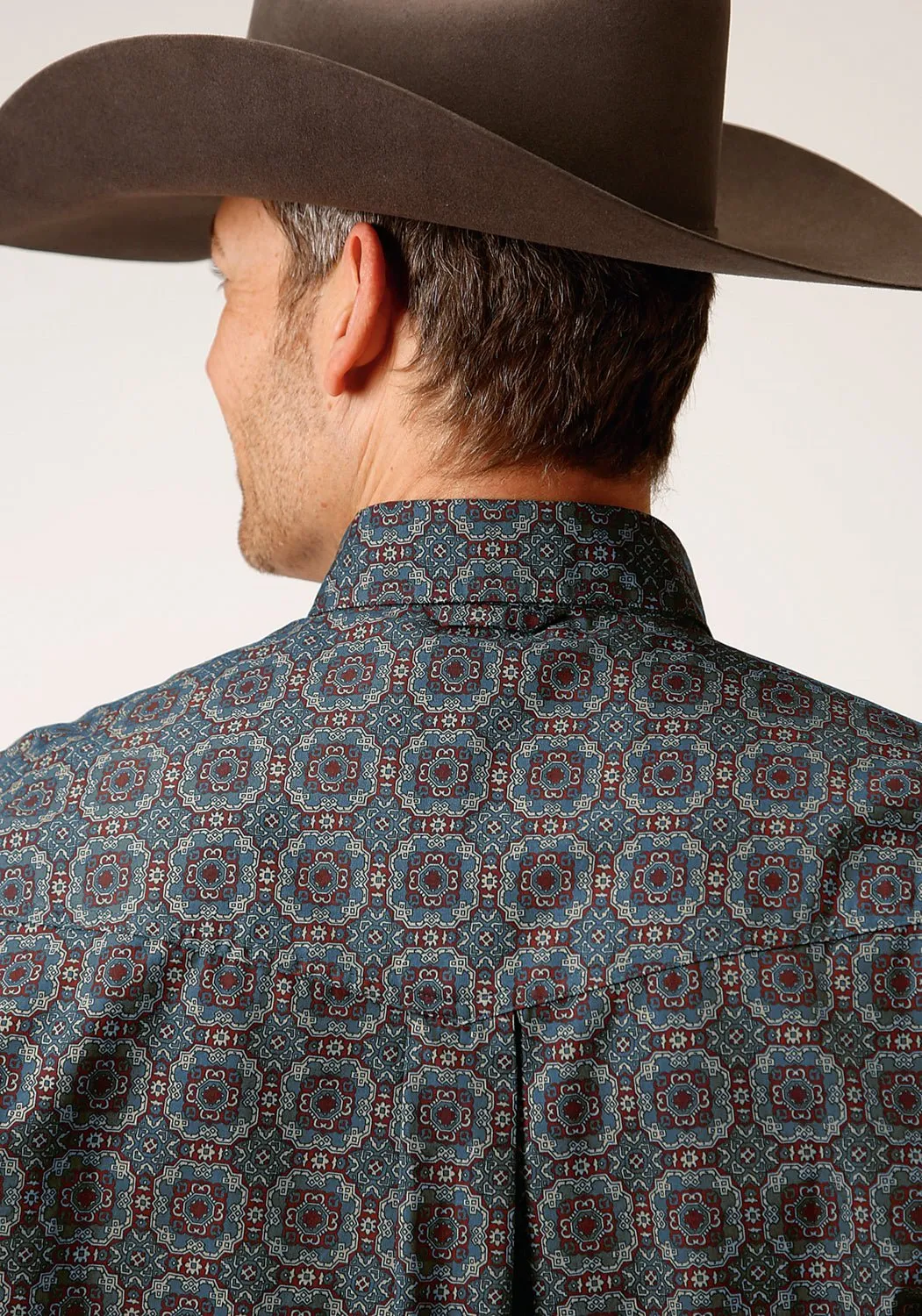 Sporty Look Roper Mens 1378 Redwood Medallion Grey 100% Cotton Btn L/S Shirt