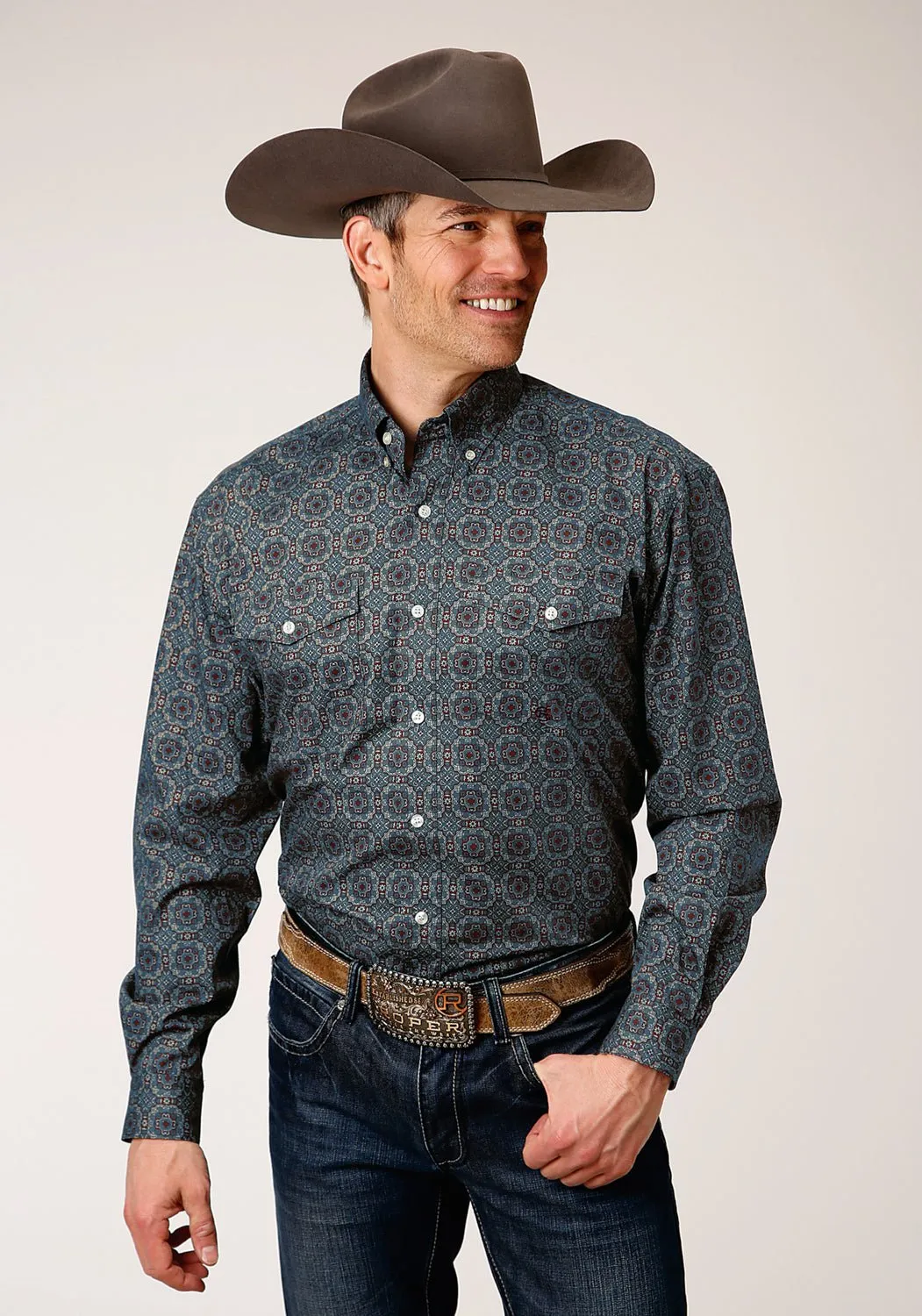 Roper Mens 1378 Redwood Medallion Grey 100% Cotton Btn L/S Shirt Functional Fashion Anti Static Fabric