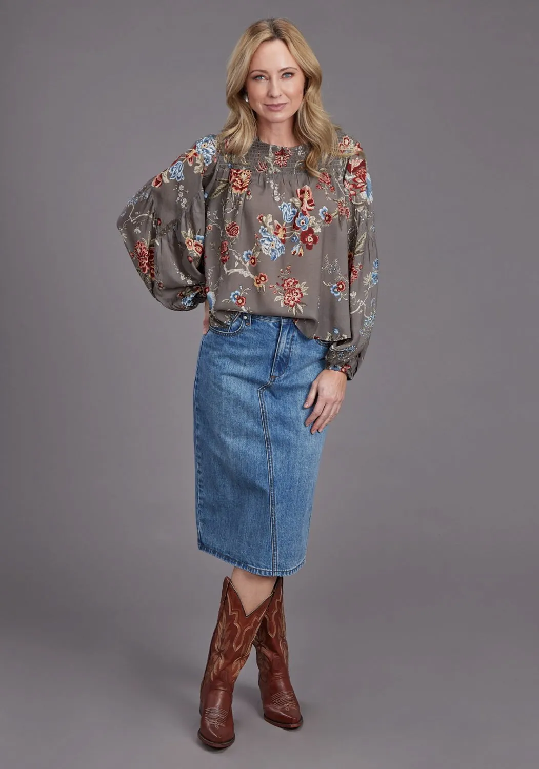 Timeless Style Stetson Womens Vintage Tapestry Grey 100% Rayon L/S Tunic