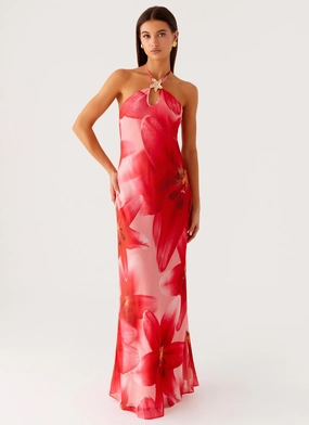 Vatiana Chiffon Maxi Dress - Peach Watermelon Flower High Slit Airy Feel Tassel-Detail Vatiana Chiffon Maxi Dress - Peach Watermelon Flower