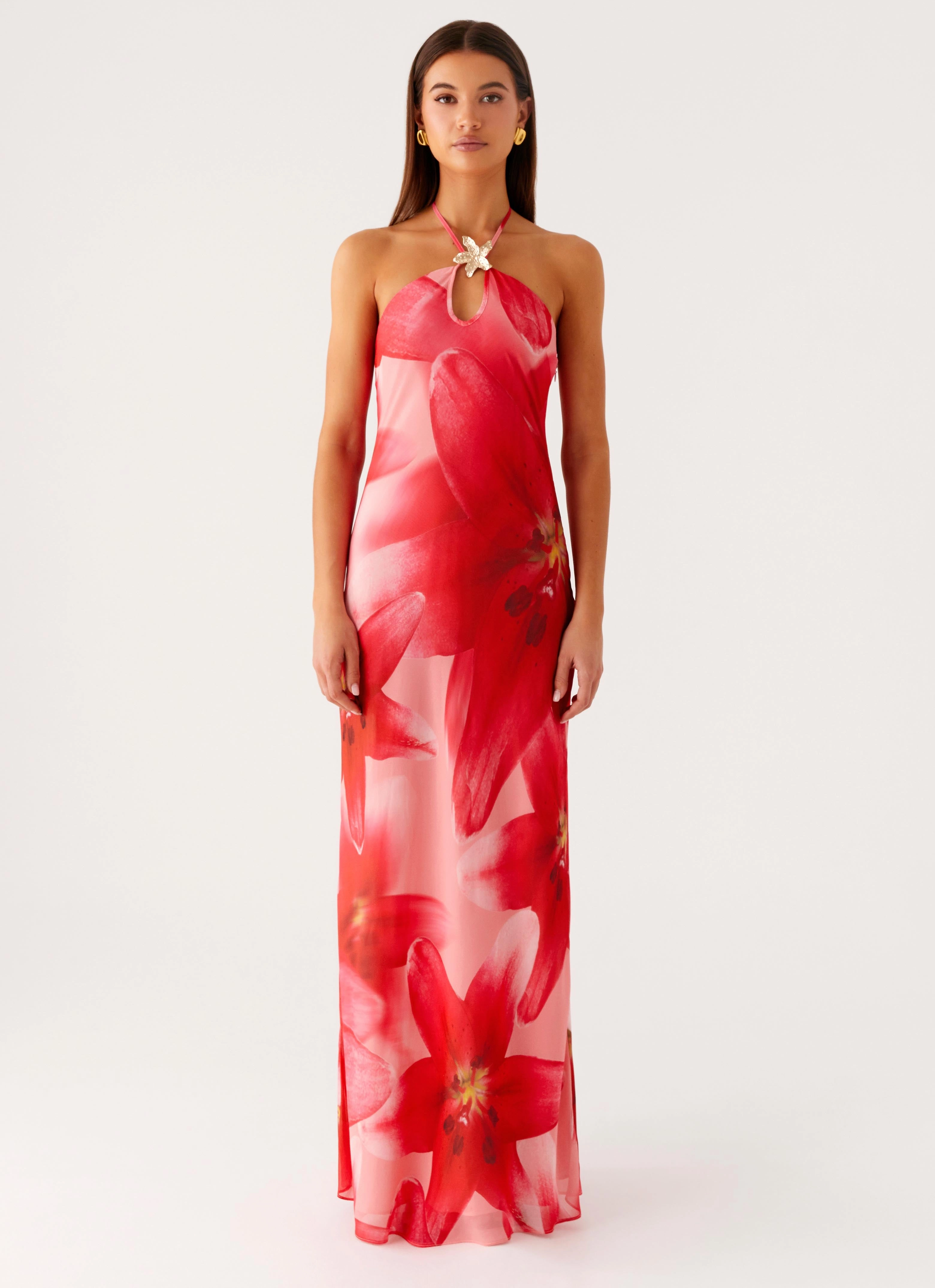Comfortable Waist Design Vatiana Chiffon Maxi Dress - Peach Watermelon Flower