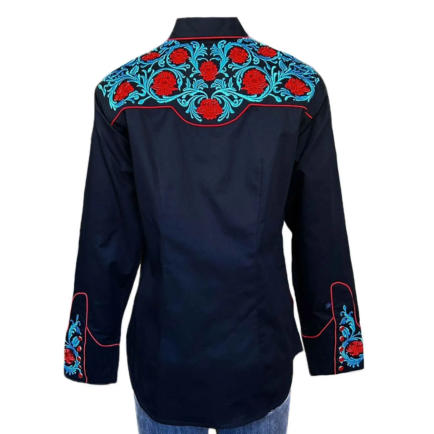 Poolside Lounge Rockmount Womens Vintage Floral Embroidered Black 100% Cotton L/S Shirt