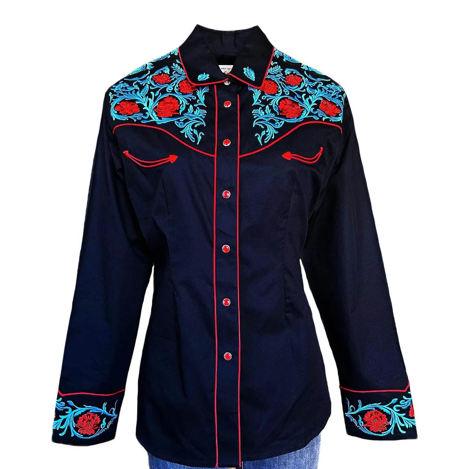 Eco Friendly Dye Rockmount Womens Vintage Floral Embroidered Black 100% Cotton L/S Shirt