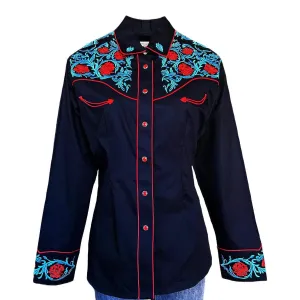 Ventilated Back Panel Rockmount Womens Vintage Floral Embroidered Black 100% Cotton L/S Shirt Eco Friendly Dye Rockmount Womens Vintage Floral Embroidered Black 100% Cotton L/S Shirt