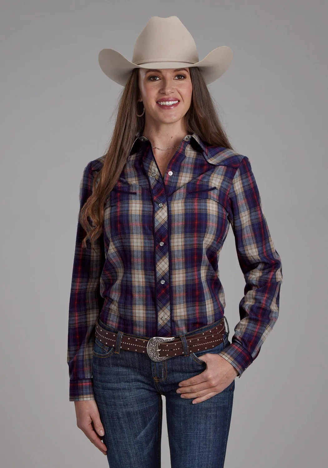 Poolside Lounge Anti Static Finish Roper Womens 2103 Plaid Floral Navy/Red Cotton Blend L/S Shirt