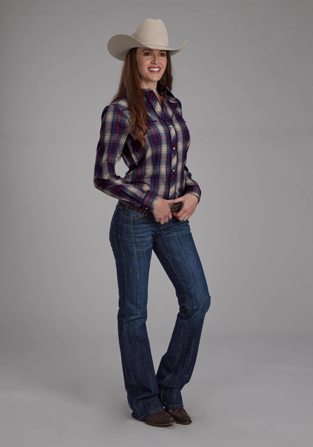 Casual Chic Textured Finish Roper Womens 2103 Plaid Floral Navy/Red Cotton Blend L/S Shirt