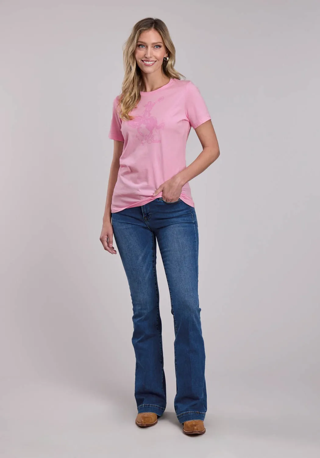 Stetson Womens Lady Bronc Rider Pink 100% Cotton S/S T-Shirt Abrasion Resistant Edges