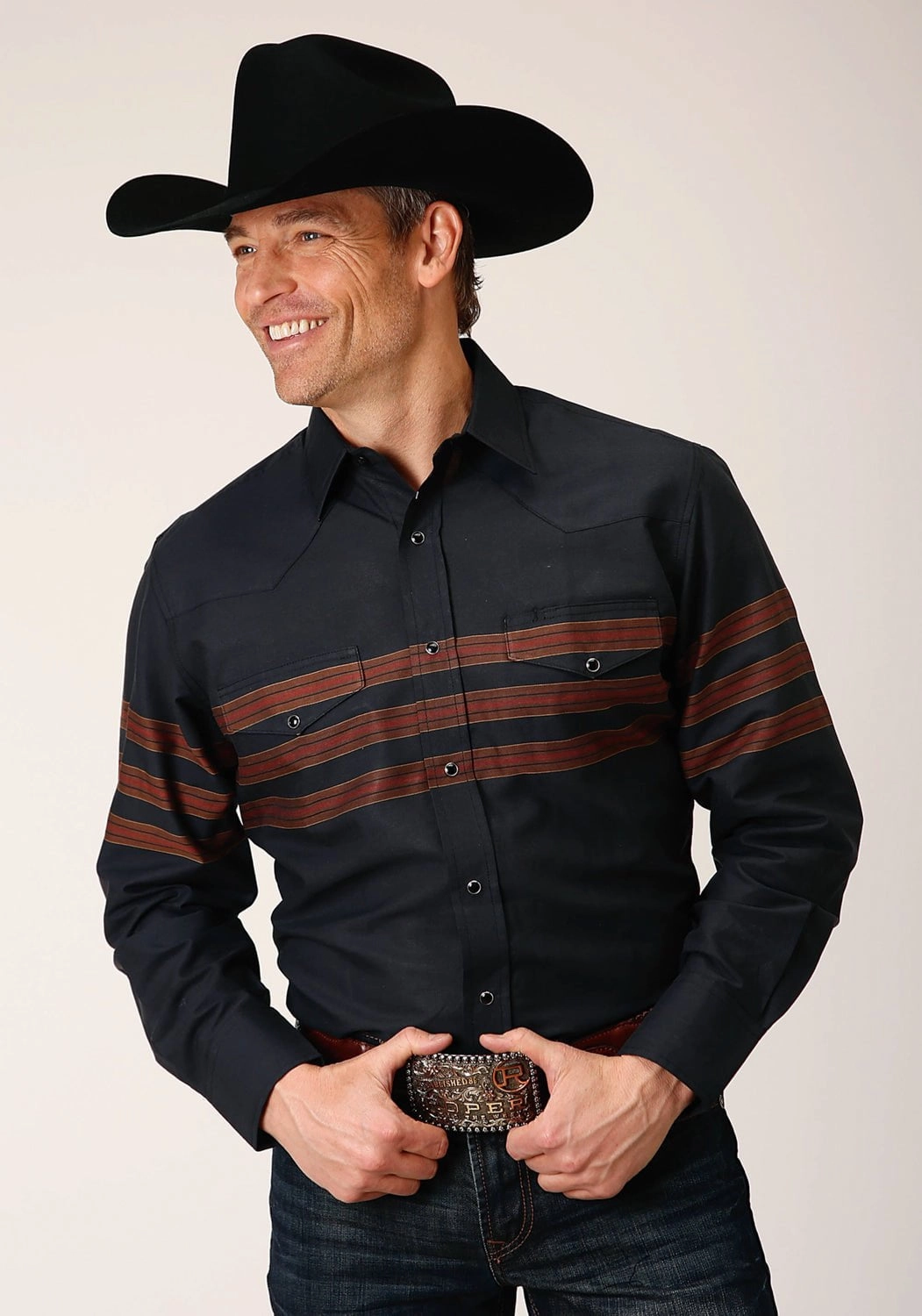 Roper Mens Saddle Border Stripe Black Cotton Blend L/S Shirt Easy Comfort