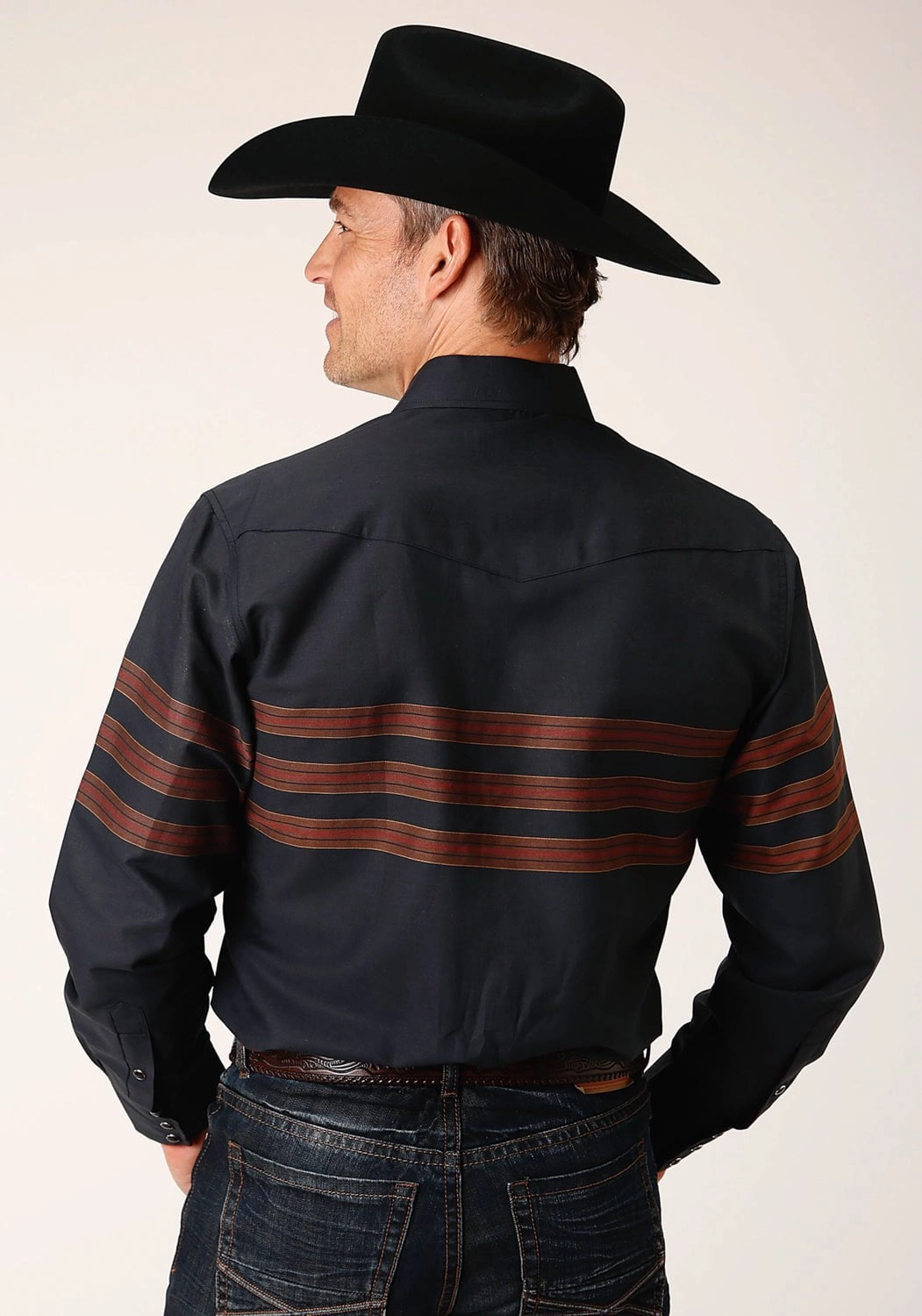 Eye-Catching Pattern Roper Mens Saddle Border Stripe Black Cotton Blend L/S Shirt