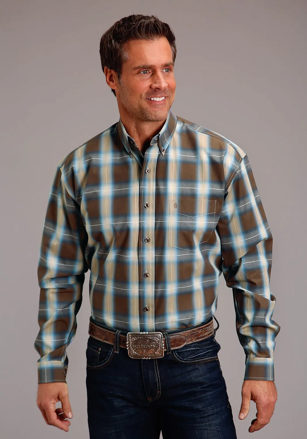 Stetson Mens Sierra Plaid Brown 100% Cotton L/S Shirt Stretchable Material Everyday Comfort
