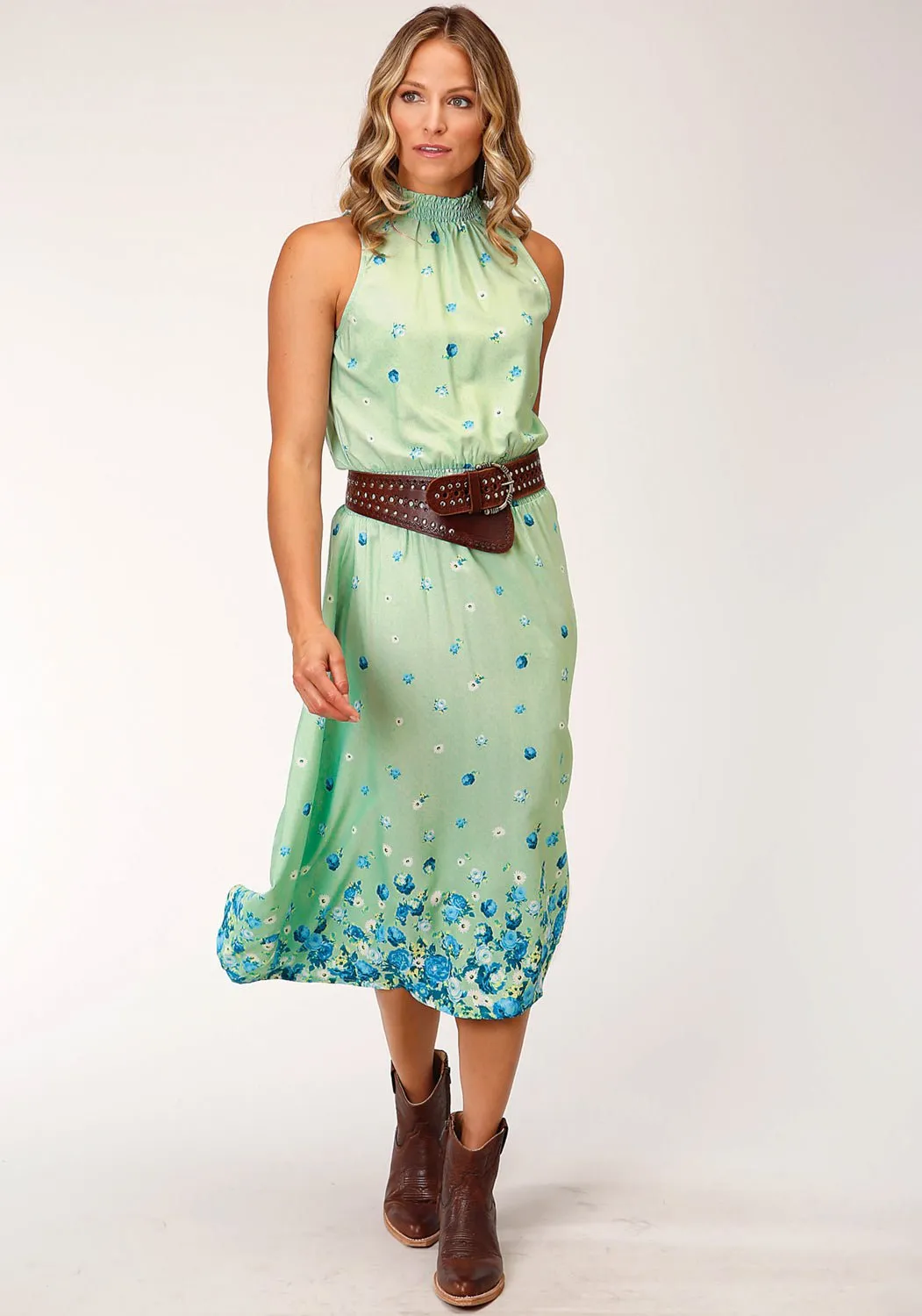 Acid Wash Effect Customizable length Roper Womens Floral Border Print Green Polyester S/L Dress