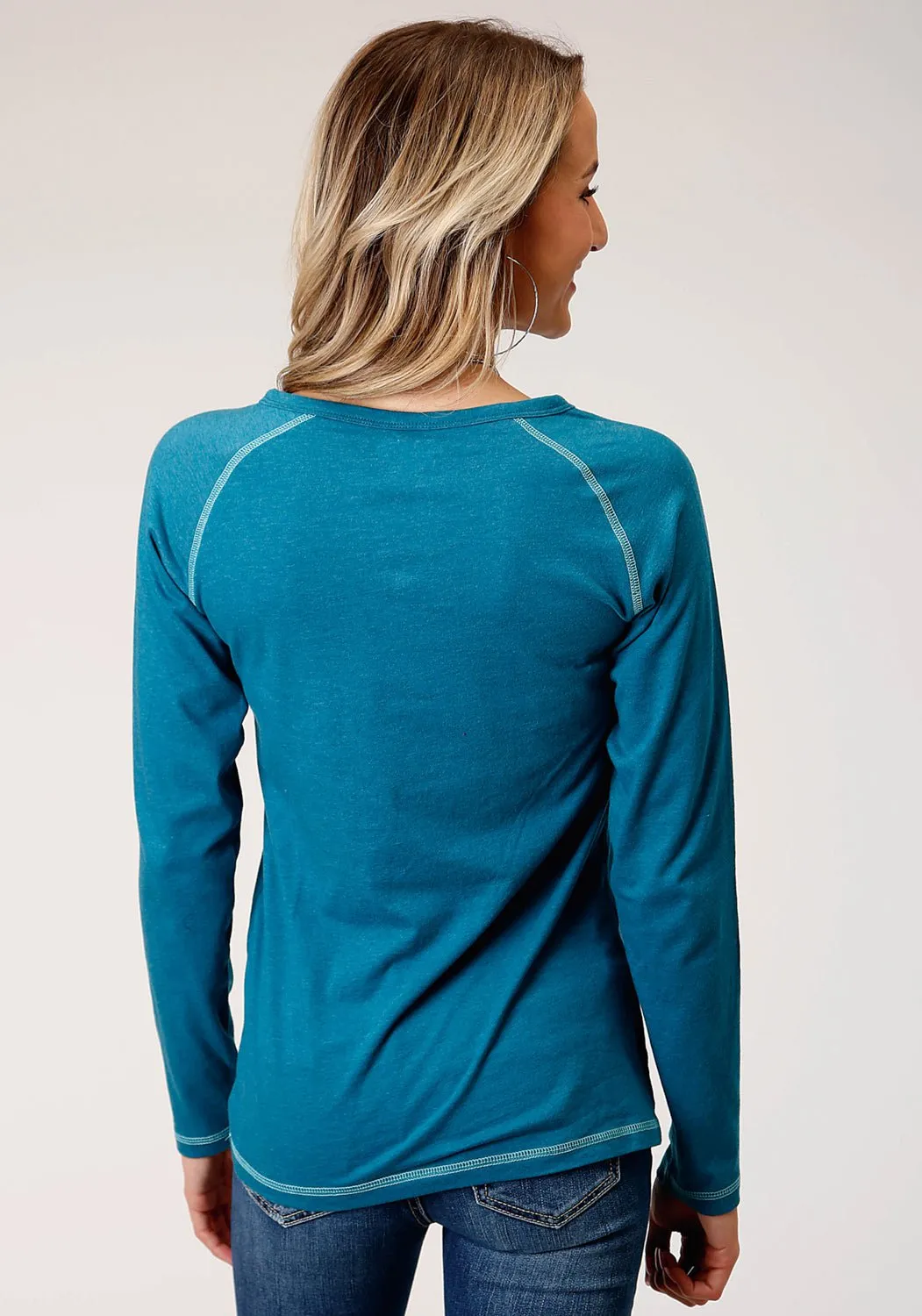 Move With Ease Roper Womens Teal Cotton Blend Heathered Cowboy L/S T-Shirt