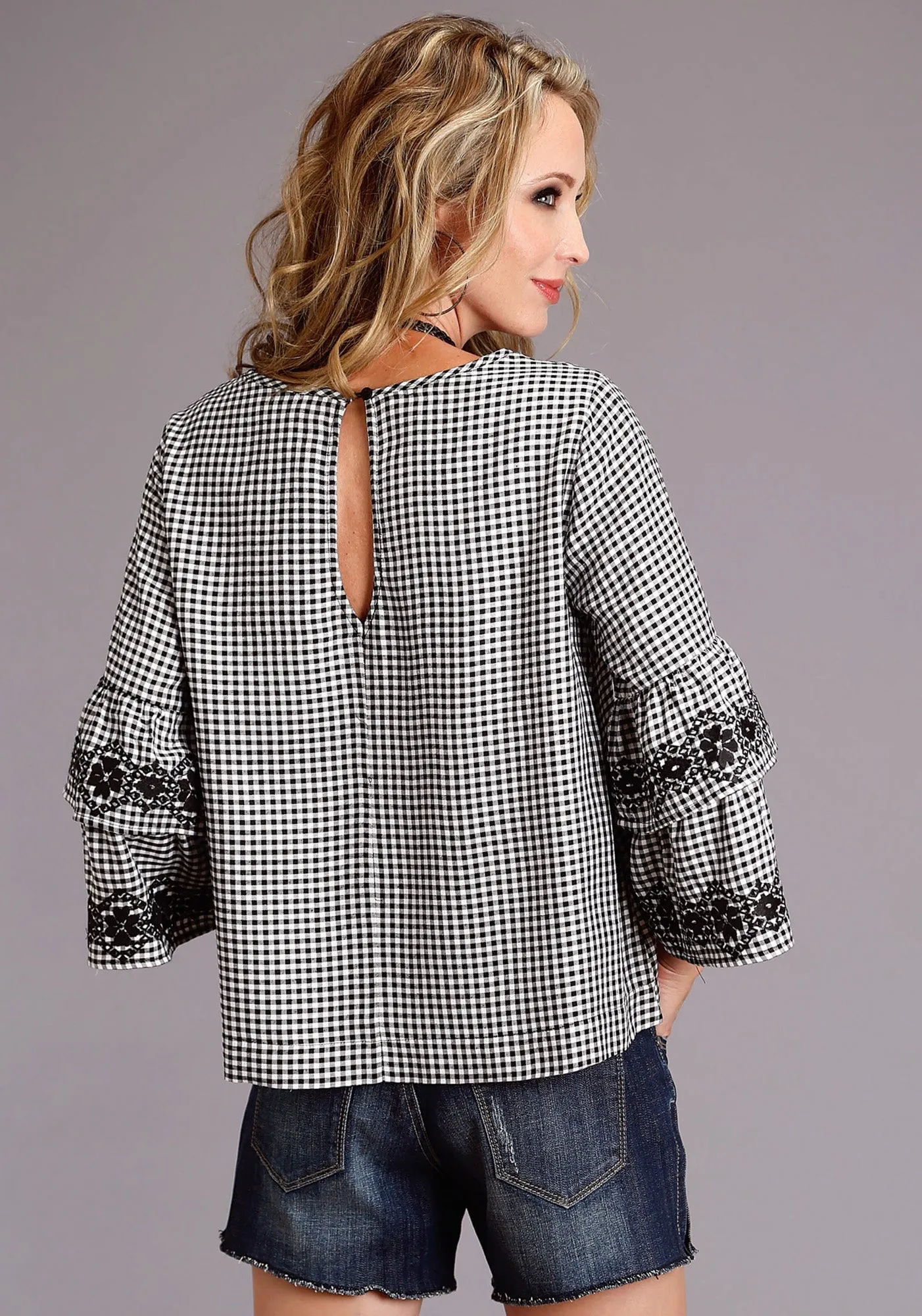 Stetson Womens Black/White Rayon/Nylon Gingham S/S Blouse Reinforced Elbow Patches Road Trip Ready