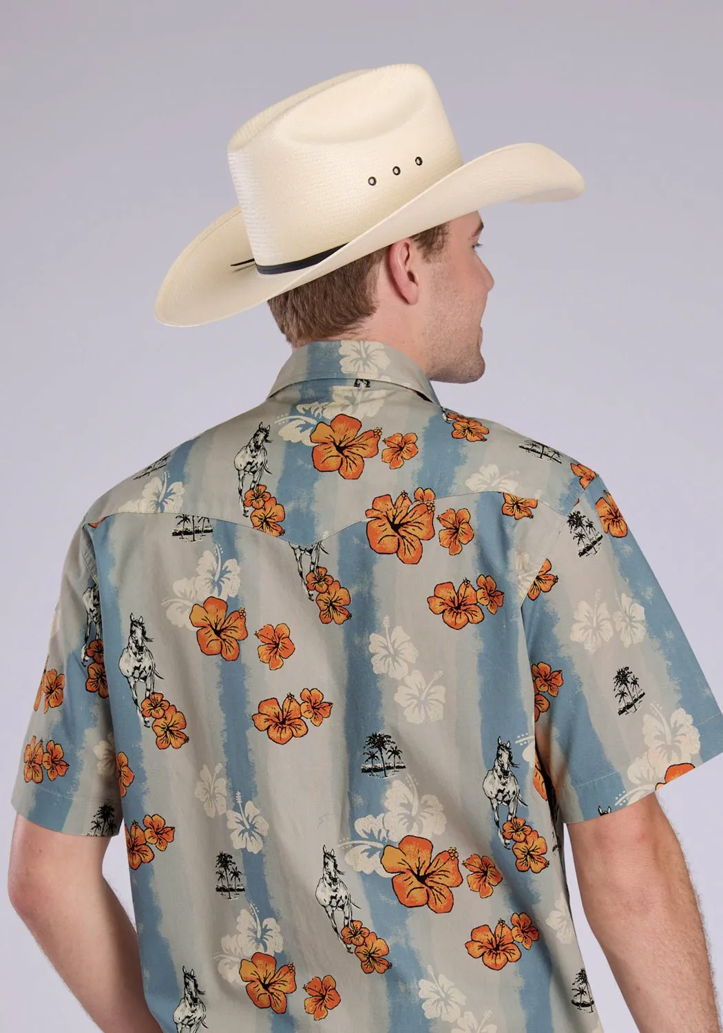 Ethical production Chilly Weather Wear Tin Haul Mens Vintage Tropical Blue/Grey 100% Cotton S/S Shirt