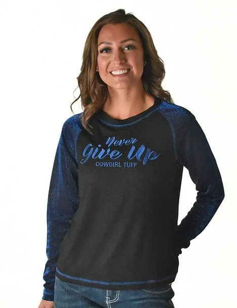 Nature Lover Gym Ready Music Event Cowgirl Tuff Womens Never Give Up Shimmer Blue Nylon L/S T-Shirt