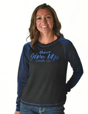 Versatile Design Cowgirl Tuff Womens Never Give Up Shimmer Blue Nylon L/S T-Shirt Timeless Choice Stretch Denim Technology Cowgirl Tuff Womens Never Give Up Shimmer Blue Nylon L/S T-Shirt
