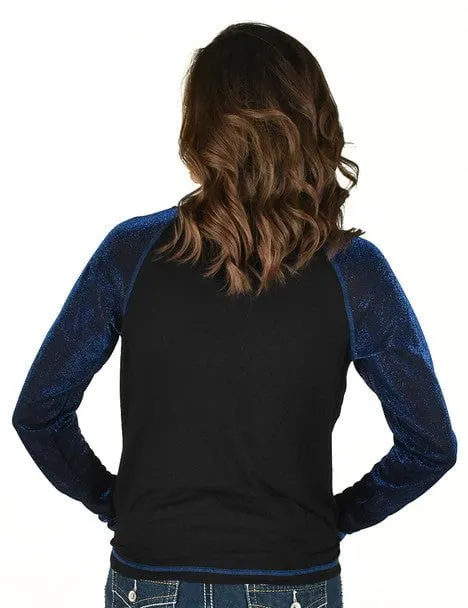 Universal Style Classic Casual Cowgirl Tuff Womens Never Give Up Shimmer Blue Nylon L/S T-Shirt