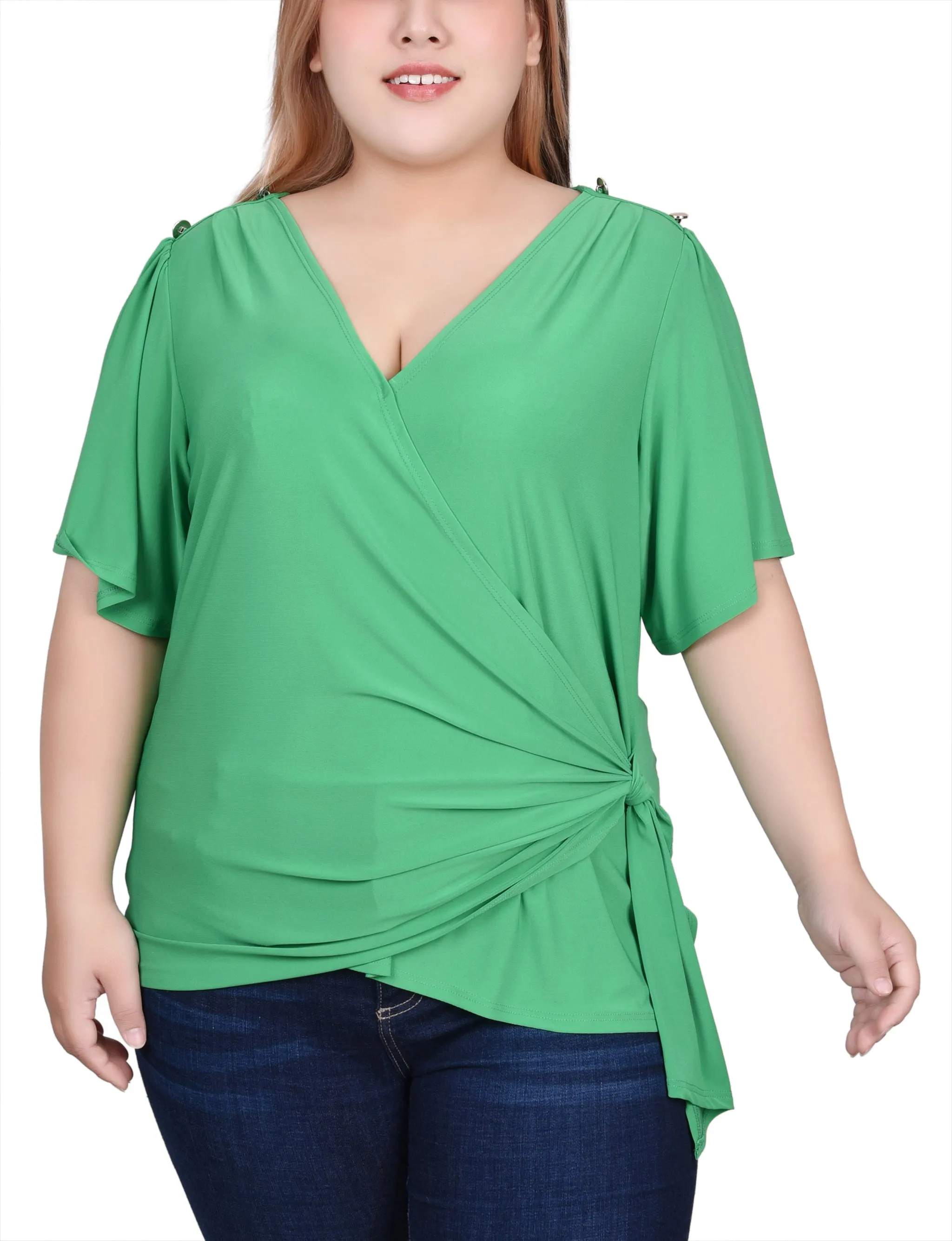 Plus Size Short Sleeve Wrap Top Satin-Finish Sculpted Fit