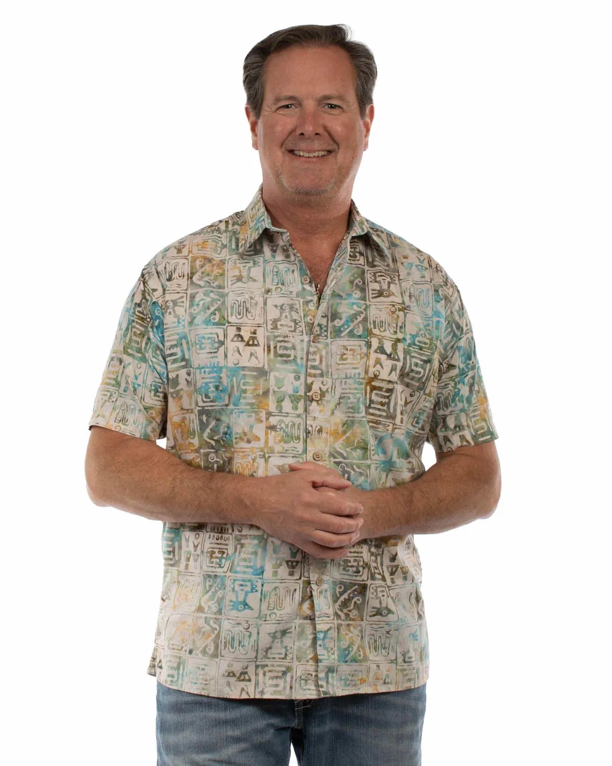Comfortable Look Gradient effect Scully Mens Batik Tiles Tan Multi 100% Cotton S/S Shirt