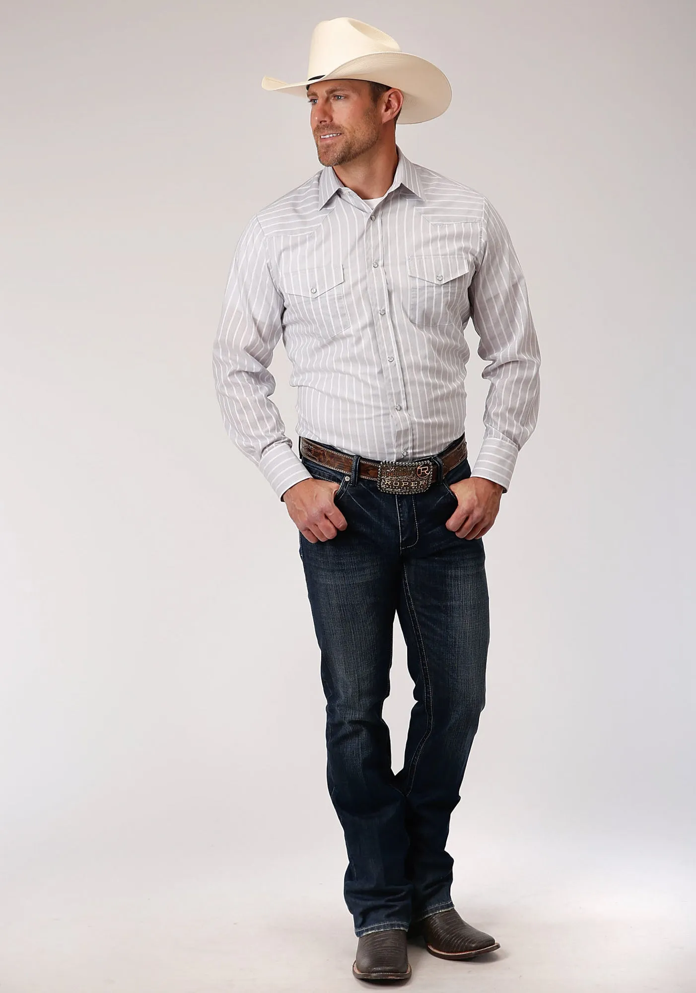 Animal Print Roper Mens Grey/White Cotton Blend Stripe L/S Shirt
