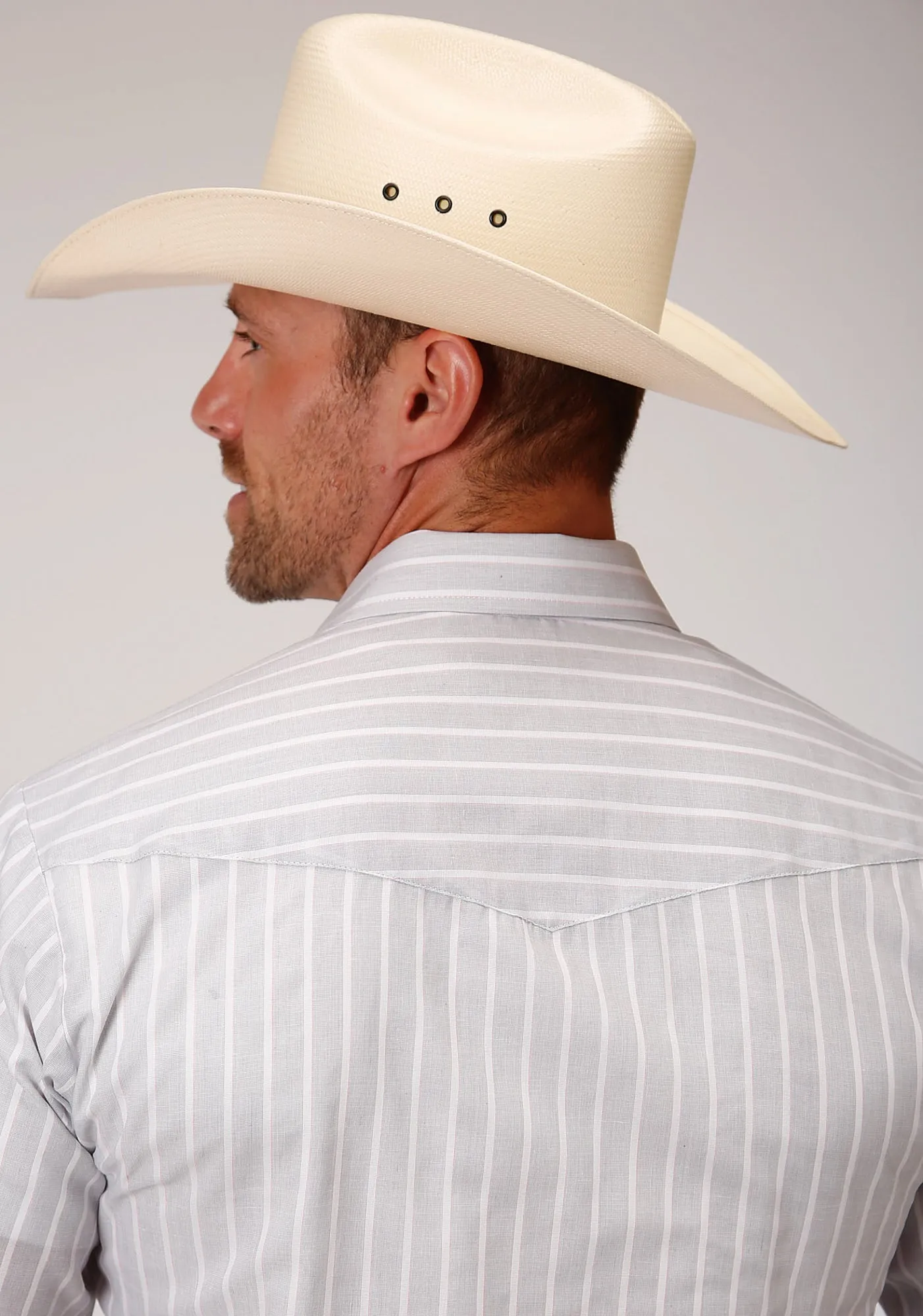 Roper Mens Grey/White Cotton Blend Stripe L/S Shirt Non Restrictive Fit Gym Wear