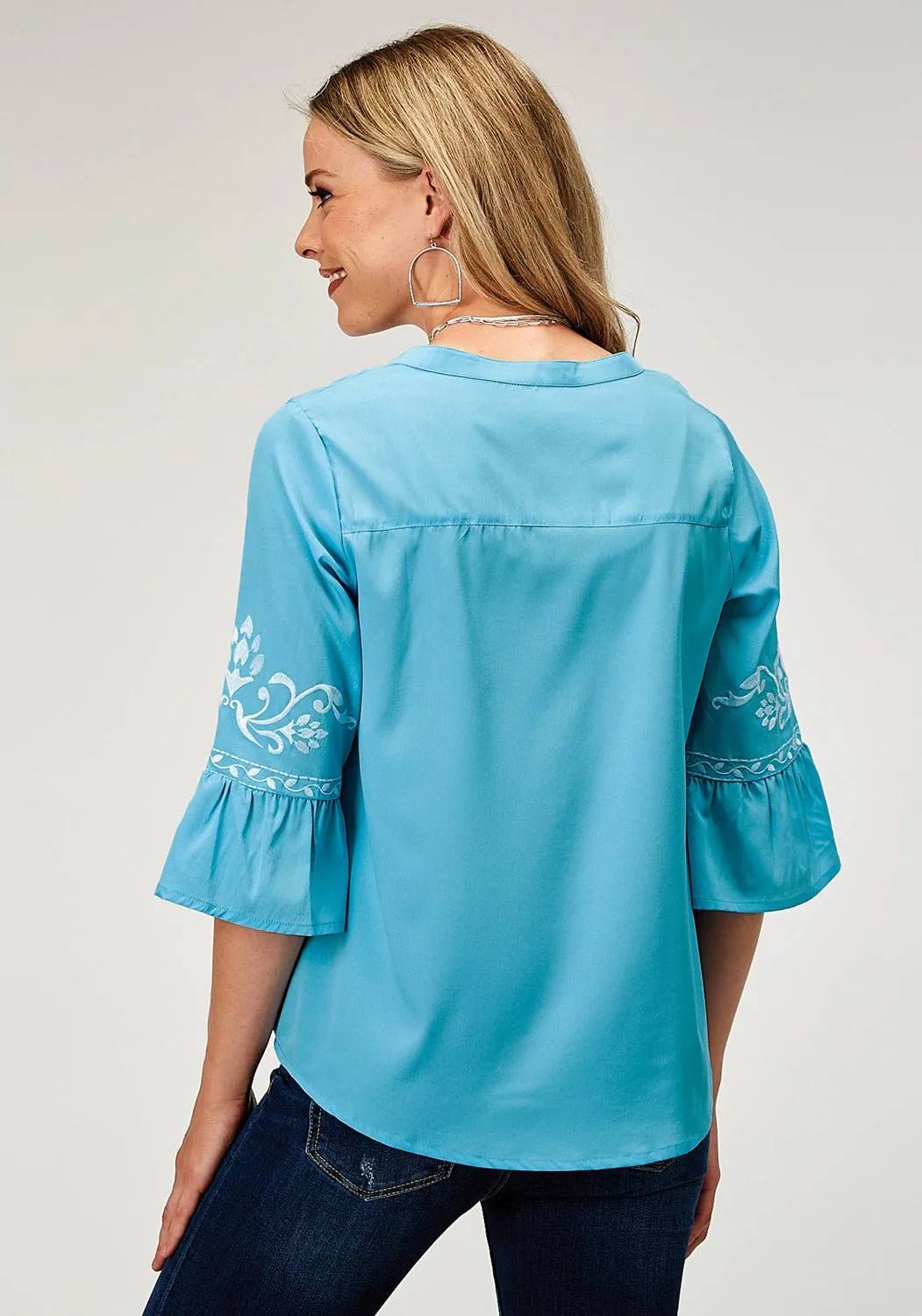 Roper Womens Bell Sleeve Embroidery Blue 100% Polyester S/S Blouse Anti Static Finish Anti Pilling Finish